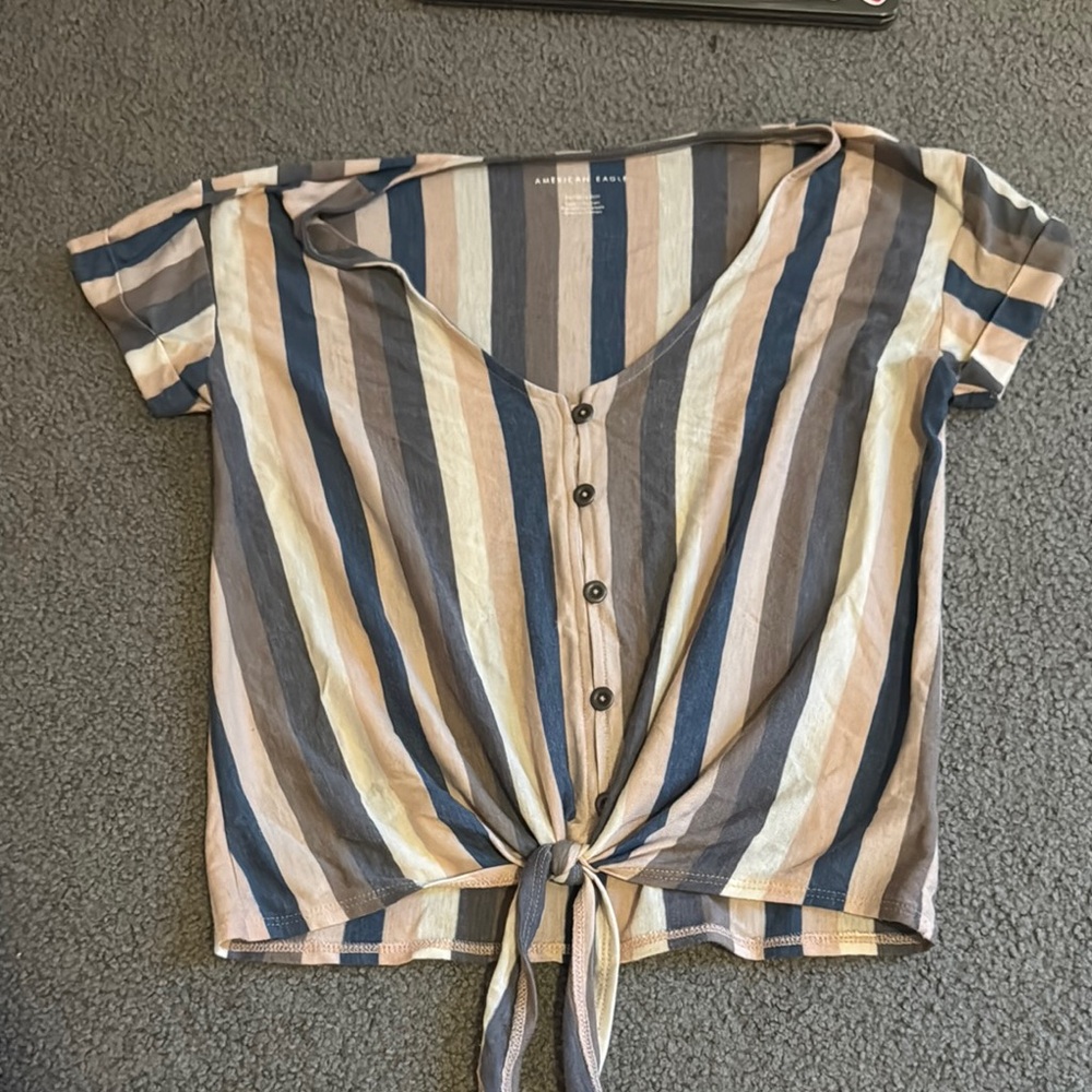 American Eagle Outfitters Mulicolored Striped Tie Front Flutter Sleeve Top